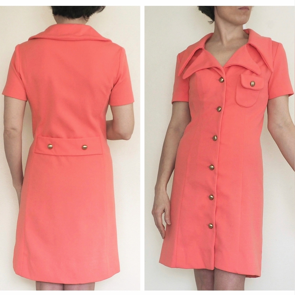 60s Vintage Double Dagger Collar Dress Lou-Ette Coral Above Knee Gogo Mod Twiggy - Picture 6 of 17